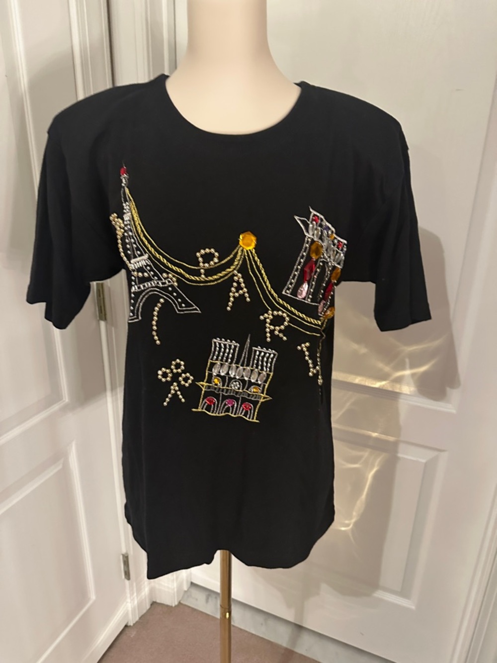 Vintage Victoria Harbour Embellished Classic Black Paris Crew Neck Tee Sz M